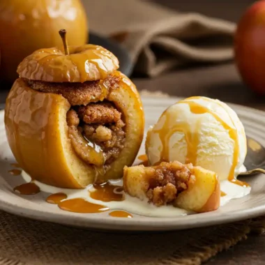 Baked Cinnamon Apple with Vanilla Ice Cream and Caramel Drizzle