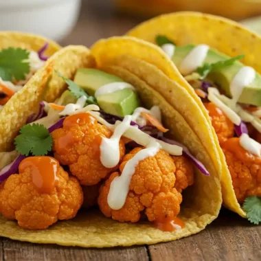 Buffalo cauliflower tacos with slaw and avocado