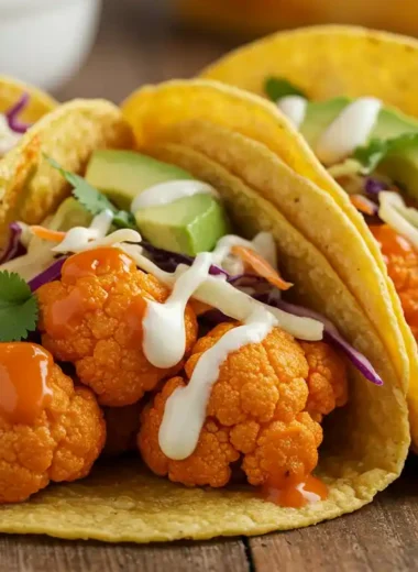 Buffalo cauliflower tacos with slaw and avocado