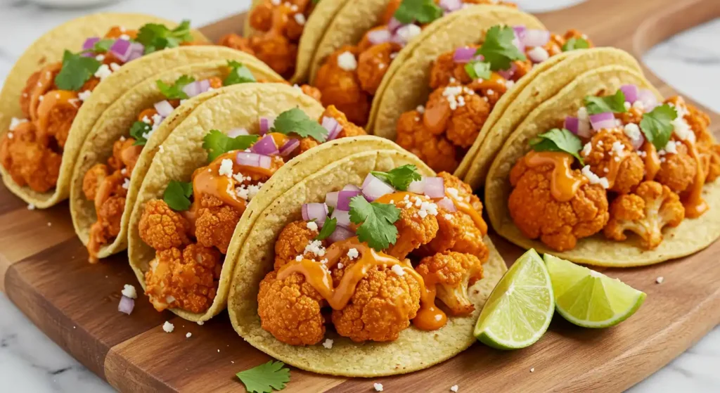 Buffalo Cauliflower Tacos That Bring the Heat – A Chef Bin Jaoe Favorite 3 Bin Recipes Plated buffalo cauliflower tacos with toppings