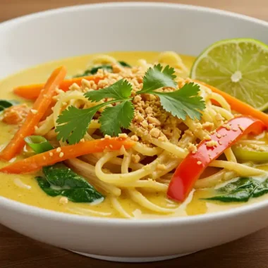 Delicious coconut curry noodle bowl with vegetables and lime