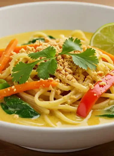 Delicious coconut curry noodle bowl with vegetables and lime