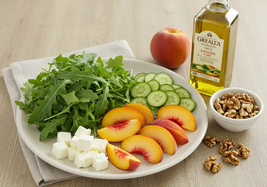 Peach Arugula Salad: A Sweet and Peppery Summer Delight by Chef Bin Jaoe 1 Bin Recipes Fresh peaches, arugula, goat cheese, and nuts for peach arugula salad