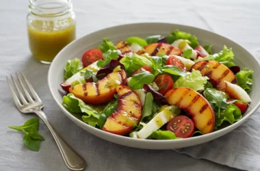 Grilled Nectarine Salad on a plate with fresh greens