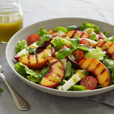 Grilled Nectarine Salad on a plate with fresh greens
