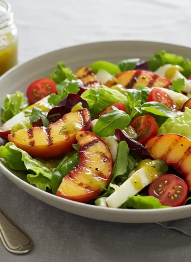 Grilled Nectarine Salad on a plate with fresh greens