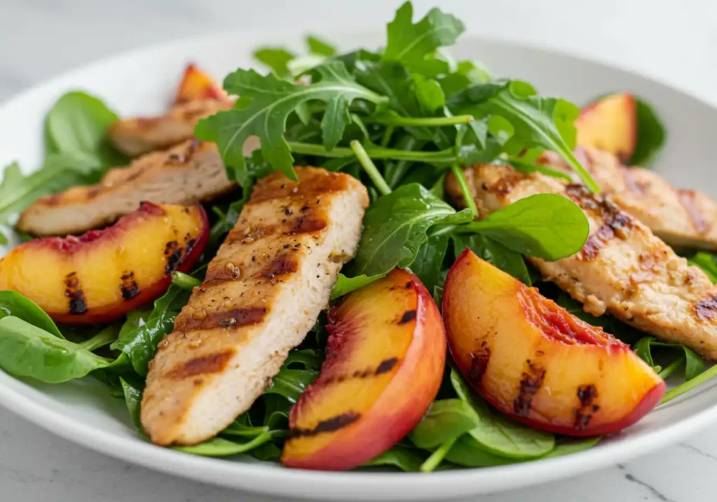 Grilled Nectarine Salad: A Sweet and Savory Summer Delight by Chef Bin Jaoe 2 Bin Recipes Grilled nectarines with grilled chicken and greens