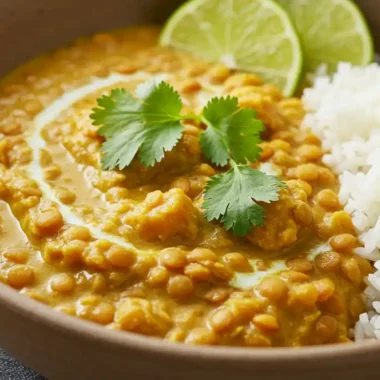 Creamy lentil coconut curry with cilantro and lime