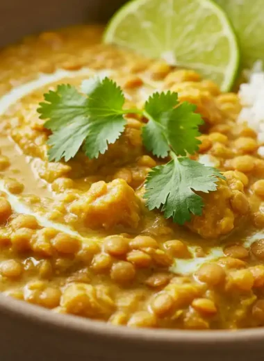 Creamy lentil coconut curry with cilantro and lime