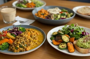 Colorful vegetarian dinner recipes on a rustic table