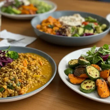 Colorful vegetarian dinner recipes on a rustic table