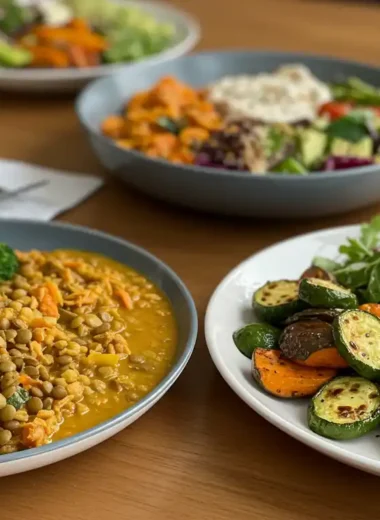 Colorful vegetarian dinner recipes on a rustic table