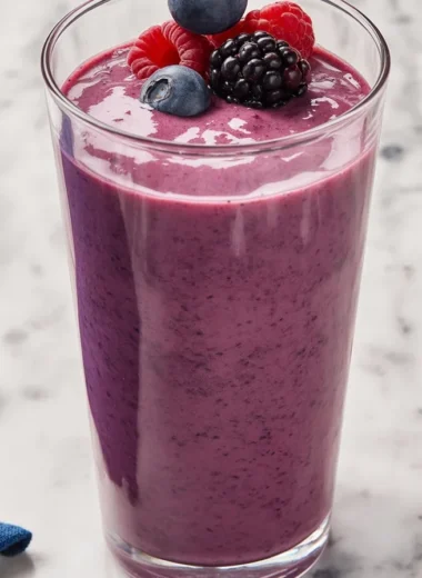 High-protein smoothie with mixed berries and spinach in a glass