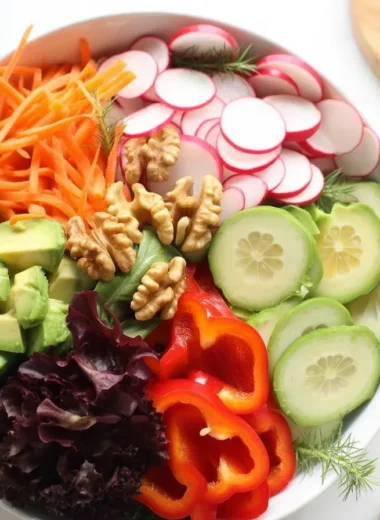 Cucumber avocado detox salad with fresh vegetables and vibrant colors.