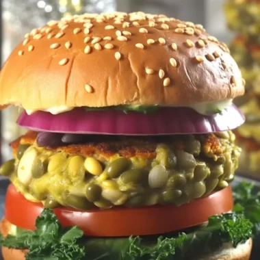 High protein moong sprouts burger topped with fresh veggies and homemade sauce.