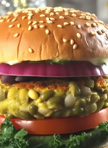 High protein moong sprouts burger topped with fresh veggies and homemade sauce.