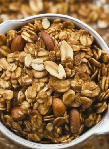 Bowl of healthy granola with oats, nuts, and seeds, perfect for weight loss.